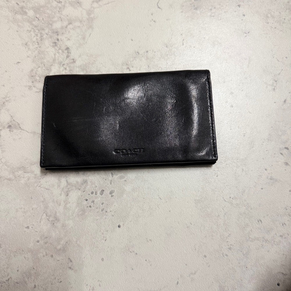 Coach Vintage Long Bifold Wallet Mens Black Good Leather Slim Blue Interior Logo